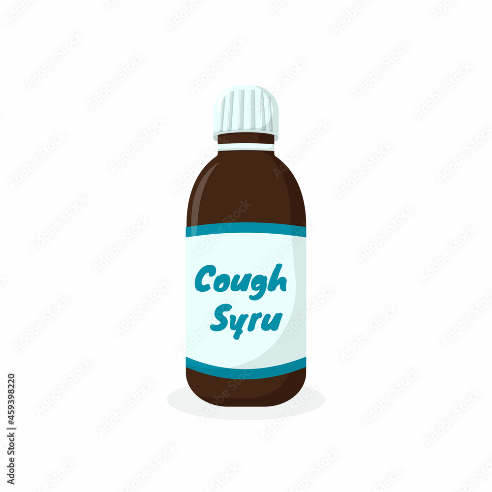 Cough syrup in bottle isolated on white background. Liquid medicine for sore throat, cold, flu and other respiratory tract infection. Vector cartoon illuctration. Cough syrup in bottle isolated on white background. Liquid medicine for sore throat, cold, flu and other respiratory tract infection. Vector cartoon illuctration.