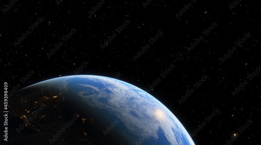 Fototapeta premium Planet Earth dawn sunset from space. Silhouette planet earth in rays of sun against background of space stars and galaxies 3D render
