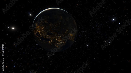 Planet Earth dawn sunset from space. Silhouette planet earth in rays of sun against background of space stars and galaxies 3D render