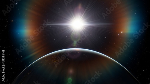 Fototapeta Naklejka Na Ścianę i Meble -  Planet Earth dawn sunset from space. Silhouette planet earth in rays of sun against background of space stars and galaxies 3D render
