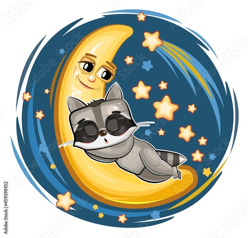 Kid Raccoon sleeps on the moon. Dreaming a dream. Childrens illustration. Funny Night sky with a comet. The baby animal fell asleep. Cartoon style picture. Isolated on white background. Vector