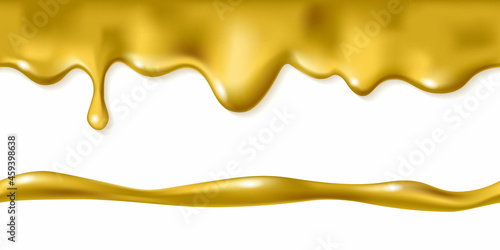 Golden seamless dripping isolated on white background. Melted gold icing or oil drop flow. Realistic 3d horizontal leaking syrup dripping. Top edge border