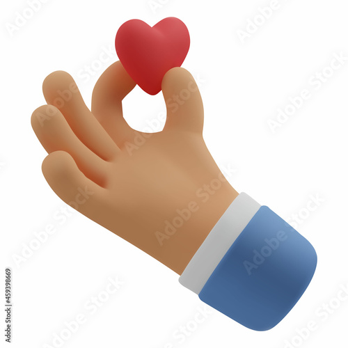 3d icon red heart in hand. Vector cartoon fingers holding gesture. Realistic illustration of donation, love or charity for social media