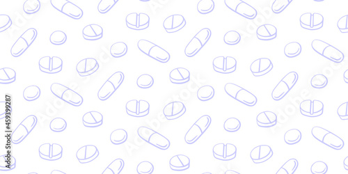 Seamless pattern with medicines, capsules, medicaments, drugs, pills and tablets. Medical pharmacy backgrounds and textures. Vector EPS10 illustration in doodle style