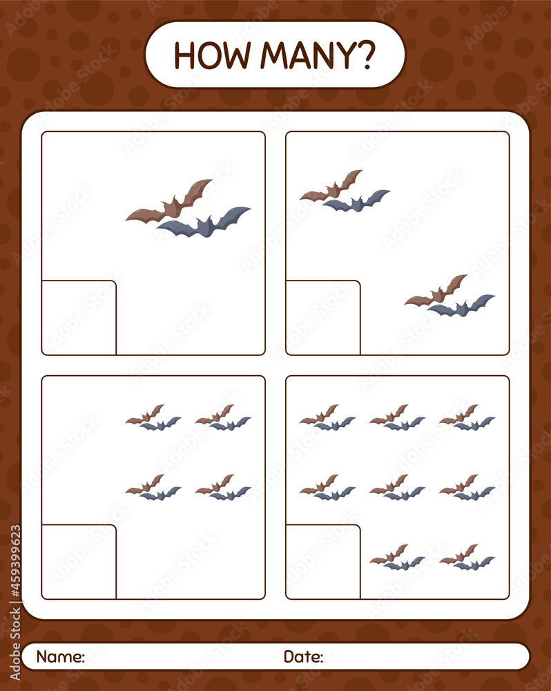 How many counting game with bat. worksheet for preschool kids, kids activity sheet