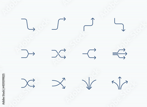 arrow icon set: bent, curve, crossed, split, merge, spread line arrows. editable stroke vector illustration