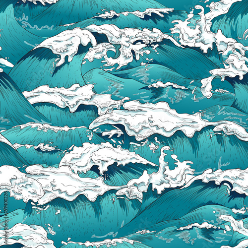 Obraz na plátně Colorful vector seamless pattern with sea or ocean waves and marine foam