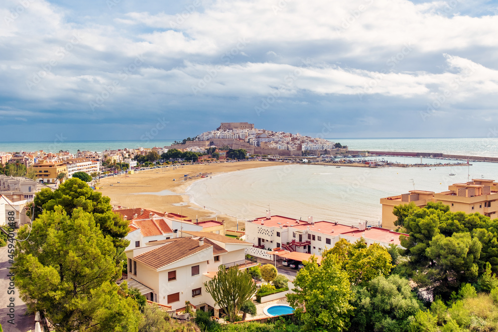 Views of the medieval town of Peniscola from the south beach, Castellon, Spain.