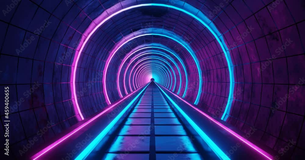 3d rendering seamless loop motion of tunnel with pink and blue neon light.