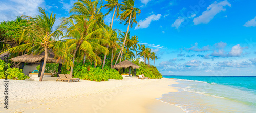 Fototapeta Naklejka Na Ścianę i Meble -  Maldives island beach. Tropical landscape of summer scenery, white sand with palm trees. Luxury travel vacation destination. Exotic beach landscape. Amazing nature, relax, freedom nature template
