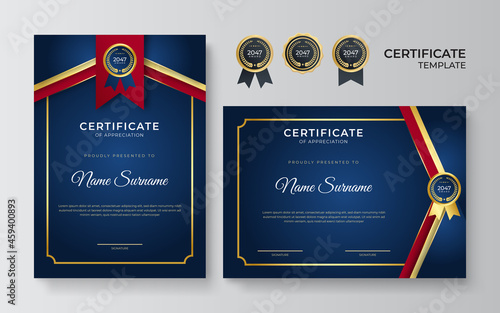 Modern elegant blue and red certificate of achievement border template with luxury badge and modern line pattern. For diploma award, business, and education needs