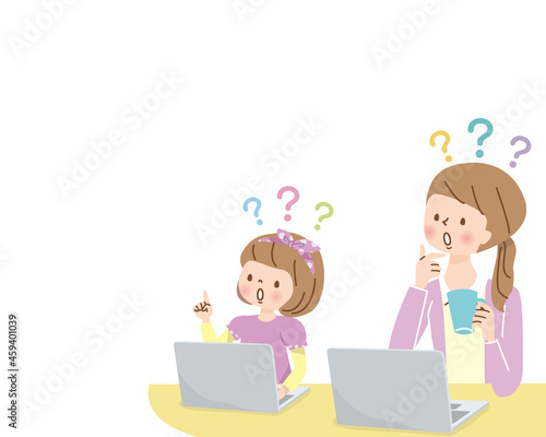 疑問を抱く母親と女の子のイラスト