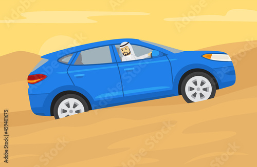 Driving a car on a grades and hills. Blue suv goes up the desert hill. Young arab driver is looking back from the open window. Character looks out the front window. Flat vector illustration template.