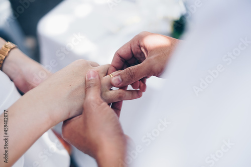 Groom wears the ring on the bride's right hand during the wedding ceremony. Copy space.