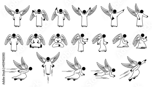 God angel basic poses and actions character designs stick figure pictogram icons. Vector illustrations depict a set of angels with different poses, positions, actions, and movements.