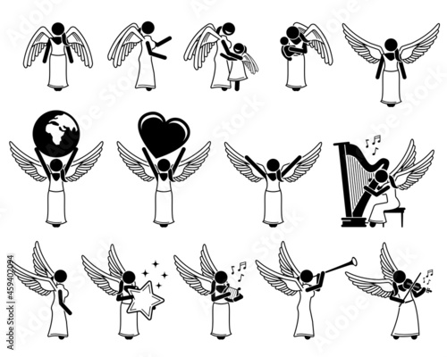 Female God angel stick figure pictogram icons. Vector illustrations depict a female angel with wings character designs, holding a child, Earth, love, and playing different musical instruments.
