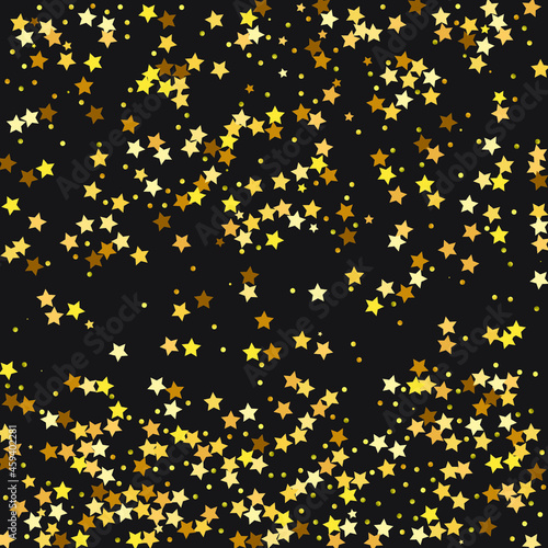 Star Sequin Confetti on Black Background. Vector Gold Glitter. Falling Particles on Floor. Christmas Party Frame. Voucher Gift Card Template. Isolated Flat Birthday Card. Golden Stars Banner.