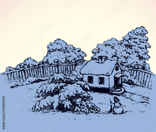 The village in winter. Vector drawing