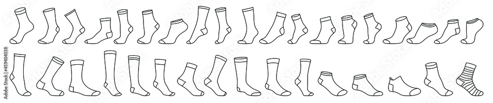 Socks icon. Set of black linear socks. Vector illustration. Stocking icon isolated.
