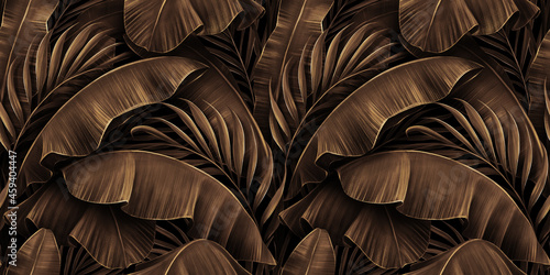 Grunge bronze banana leaves, palm. Tropical exotic seamless pattern. Hand-drawn dark vintage 3D illustration. Nature abstract background. Good for luxury wallpapers, cloth, fabric printing, mural photo