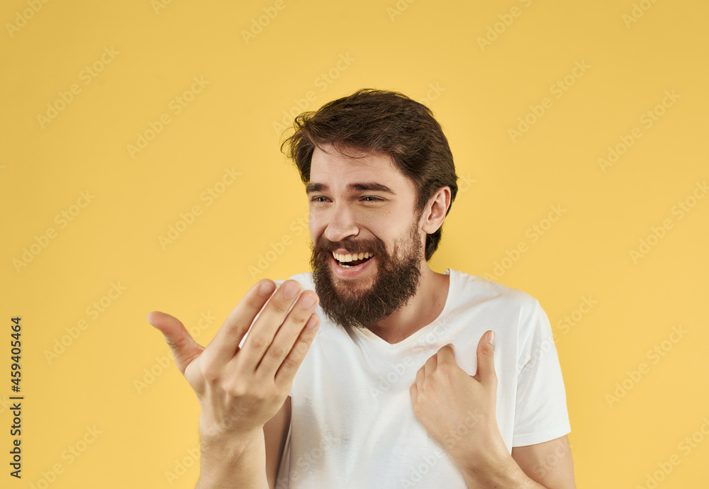 bearded man in white t-shirt posing studio fun bearded man in white t-shirt posing studio fun