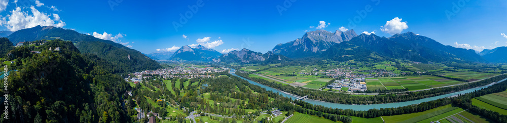 Aerial view around the city Bad Ragaz in Switzerland on a sunny morning day in summer.