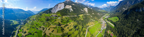 Aerial view around the village Albula/Alvra in Switzerland on a sunny day in summer.