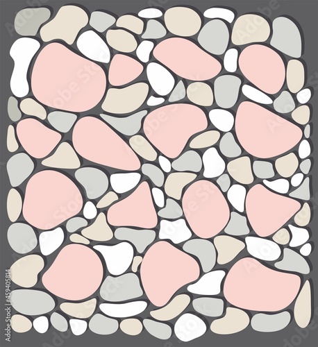 Vector seamless background with colored sea stones. Pebbles, stones, road. Pebbles in the water. Stony pattern for printing on cards, fabric, paper, packaging.