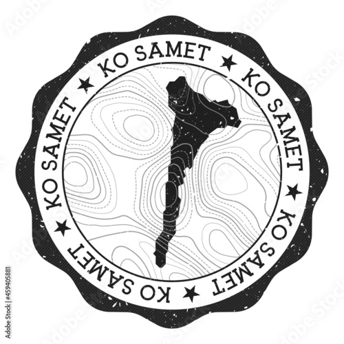 Ko Samet outdoor stamp. Round sticker with a map of the island featuring topographic isolines. Vector illustration. Can be used as an insignia, logotype, label, sticker, or badge for Ko Samet.