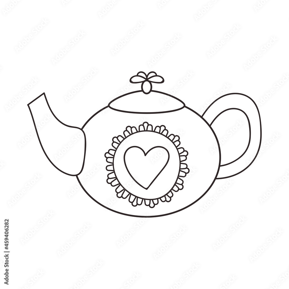 Obraz premium Hand drawn doodle teapot with heart vector illustration isolated on white. Design element for a coffee shop, cafe menu