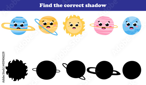 Find the correct shadow educational children game with galaxy themed objects, planets in cartoon childish style