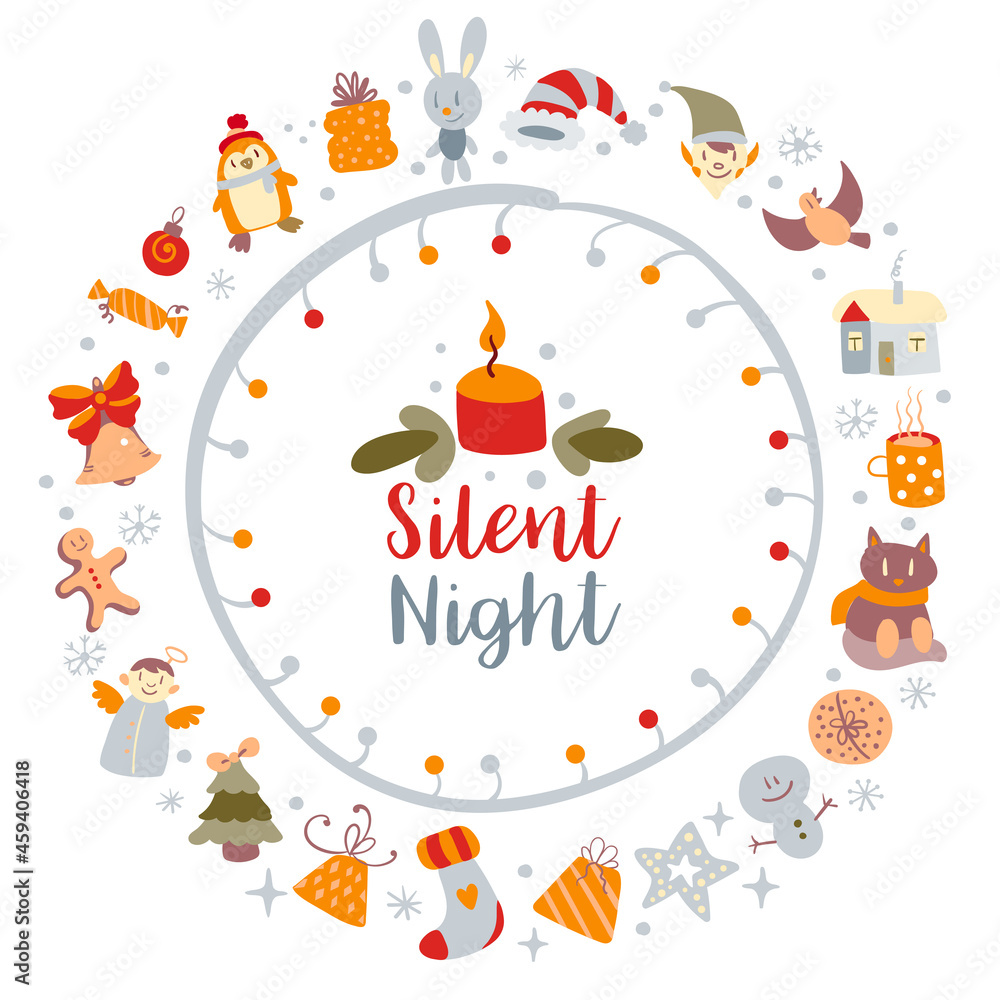 Christmas post card with merry xmas doodles and modern Christmas insignia. Callygraphic logo. Vector Christmas post card with merry xmas doodles and modern Christmas insignia. Callygraphic logo. Vector