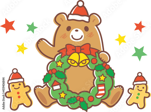 クリスマスリースとクマのイラスト_ブラウンライン