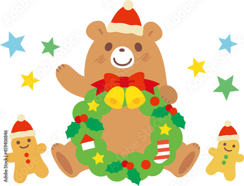 クリスマスリースとクマのイラスト_ライン無