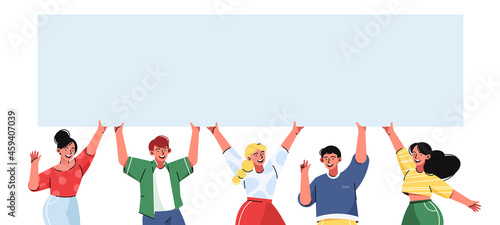 Positive young people hold a sign with blank space for text advertisement or announcement. Group of activists, youth movement.