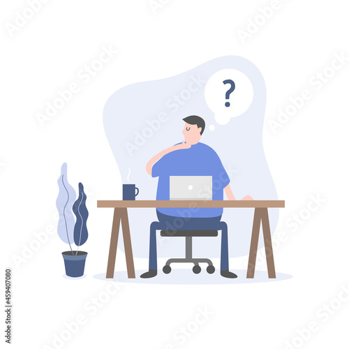 Man with laptop sitting and working are curious. Freelancer or office worker cartoon character.