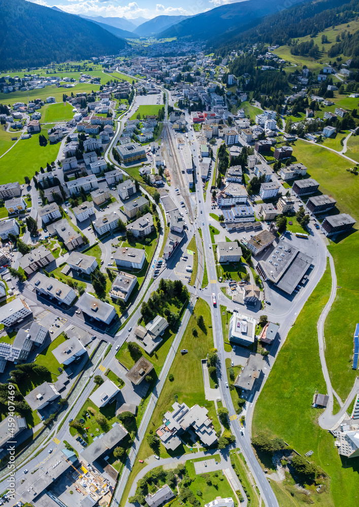 Aerial view around the city Davos in Switzerland on a sunny day in summer.