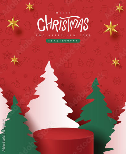Merry Christmas banner with product display cylindrical shape and christmas tree paper cut style