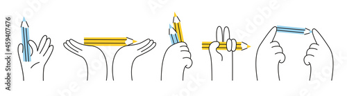 Set of hands holding pencils in a linear style. Modern illustration. Isolated symbols on white background. 