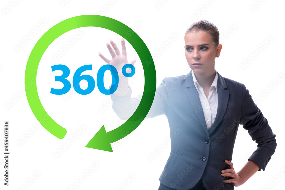 360 degree concept with businesswoman pressing button 360 degree concept with businesswoman pressing button