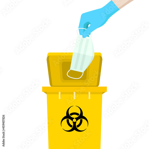 Hand holding a mask is above the yellow bin, with the symbol of infectious waste. How to discard the surgical mask correctly.