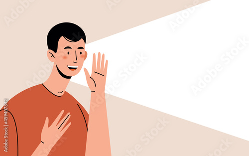 Man is shouting with blank space for text with advertisement or announcement. Shouting, underlining the important, announcing, attracting attention. 