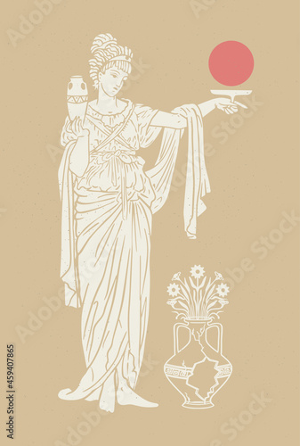 greek goddess with sun, statue, mystical symbol,