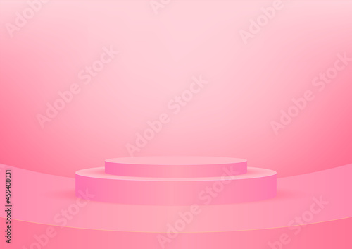 Empty podium studio pink background for product display with copy space. Showroom shoot render. Banner background for advertise product.