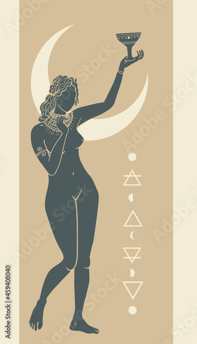 naked girl worships the young moon with a cup in hand, occultism, tarot cards