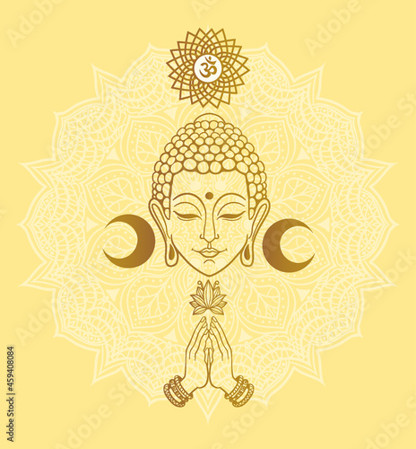 Buddha head and hands folded in namaste, moon and om sign