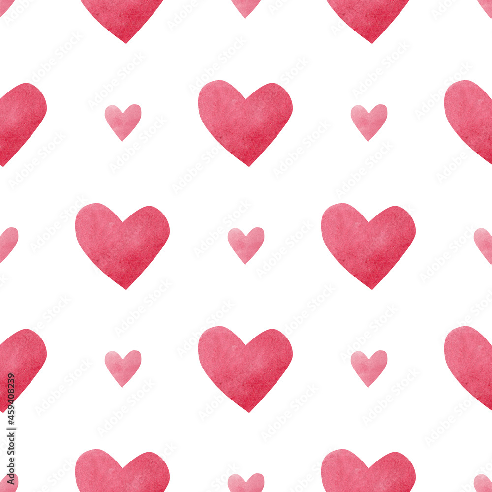 Watercolor hearts. Seamless patterns. Red hearts on a white background.