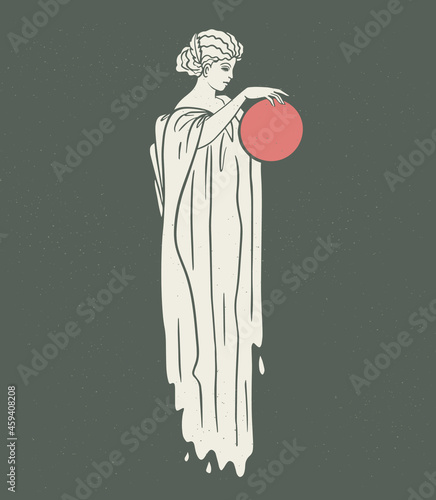 greek goddess with sun, statue, mystical symbol,