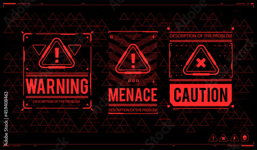 Conceptual Layout with HUD elements. Warning and alert attention signs. Lettering with futuristic user interface elements. Caution futuristic ski-fi UI design elements in modern technology style. photo