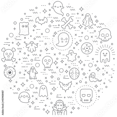 Simple Set of Ghost and Halloween Related Vector Line Illustration. Contains such Icons as Skeleton, Eyeball, spook, alien, boo, spirit, phantom, spook and Other Elements.